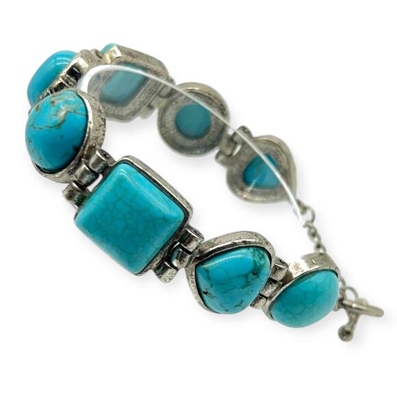 Burnished Silver Bracelet Turquoise Multi Shaped Semi Precious Stone Howlite - Picture 1 of 11